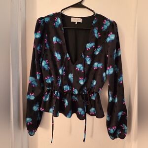 Wayf Black Blouse with Blue and Pink Floral Design